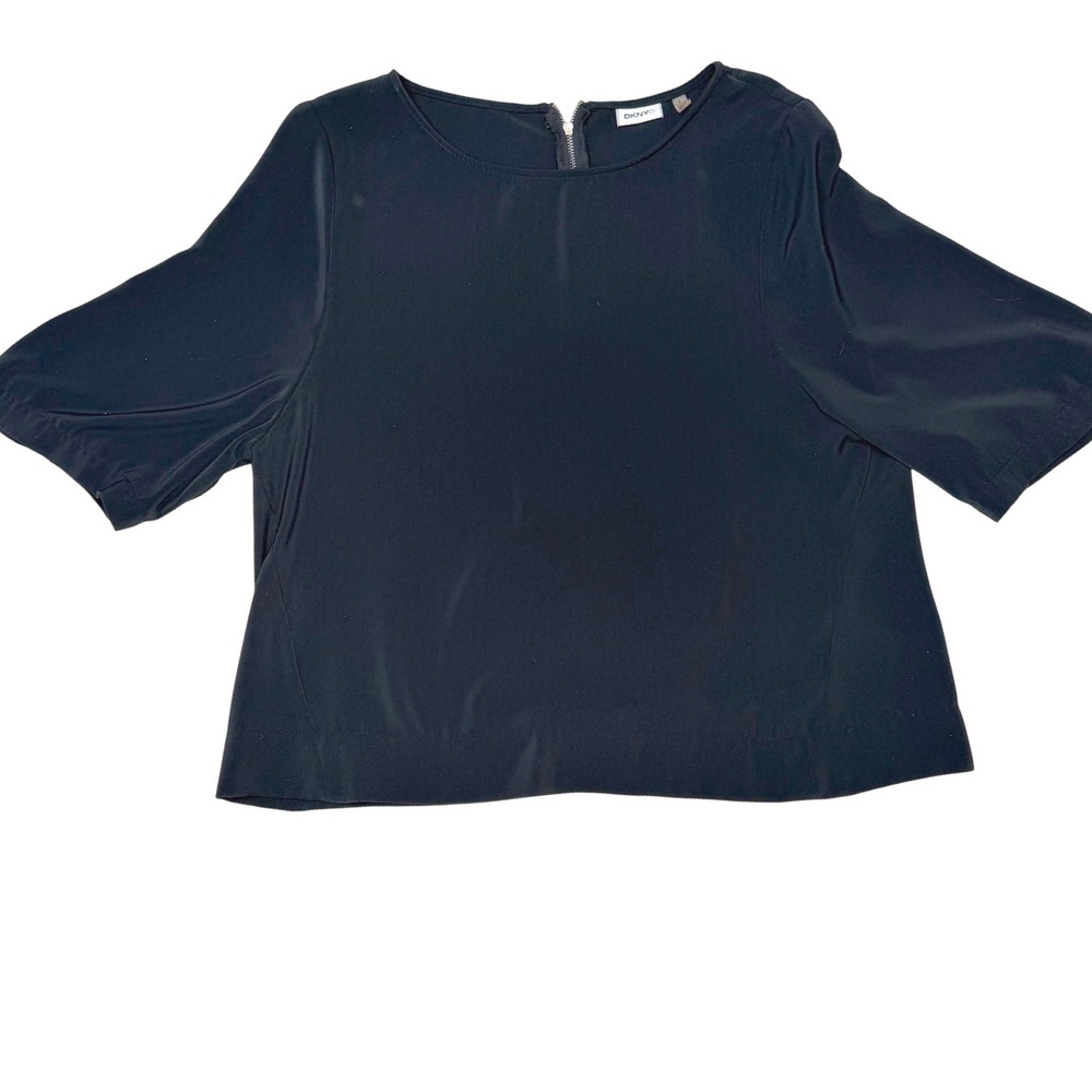 DKNYC Black Short Sleeve Blouse Back Zipper Minimalist Office Wear Chic Size L